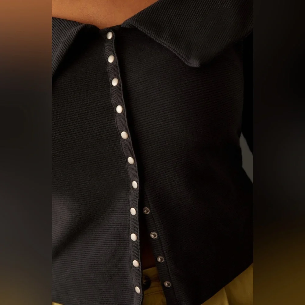 NWT Maeve Anthropologie Ribbed Off Shoulder Snap Button cardigan top w/ collar L - Picture 5 of 10